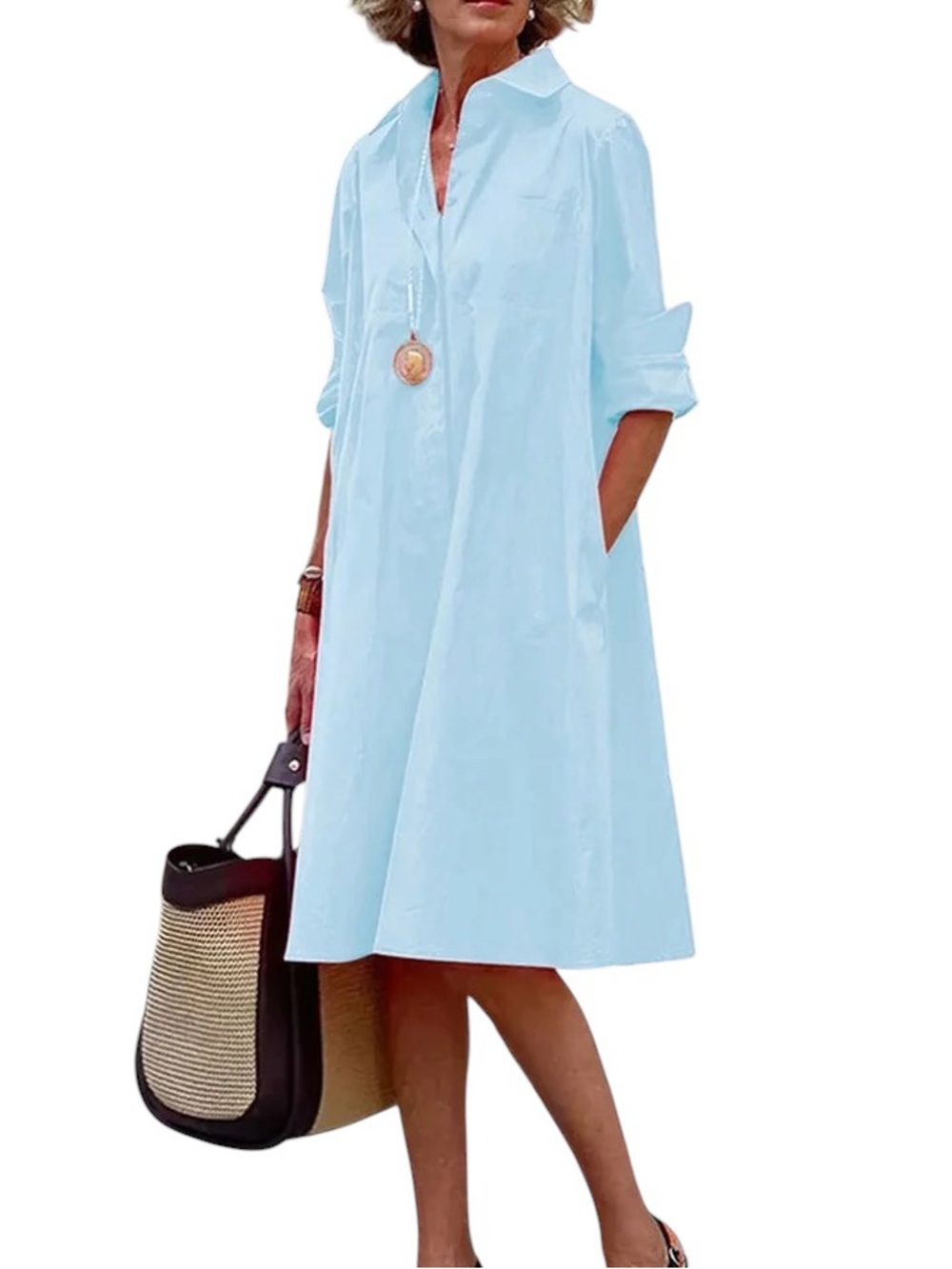 NWT Chou Yatou Light Blue Poplin Button Down Shirt Dress - M